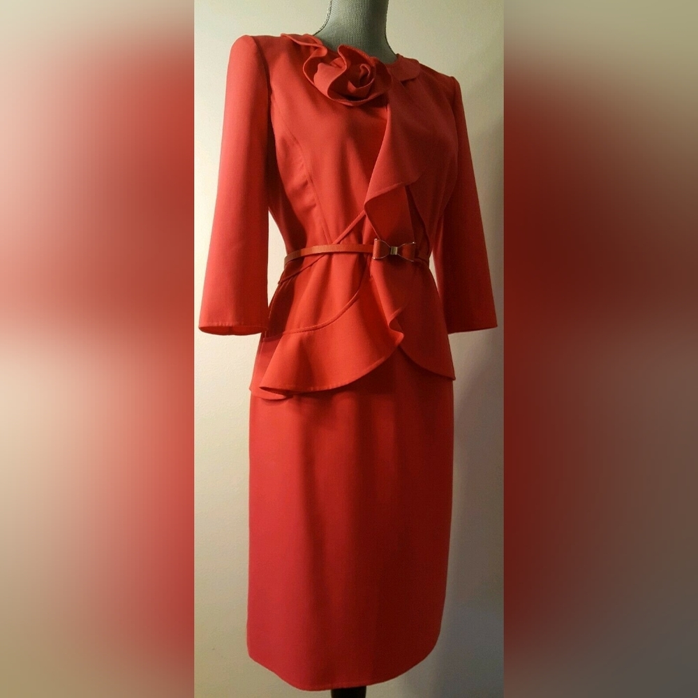 □$4,000 OSCAR DE LA RENTA BEAUTIFUL RUFFLE ROSE RED WOOL SKIRT SUIT US 6 - Picture 8 of 13